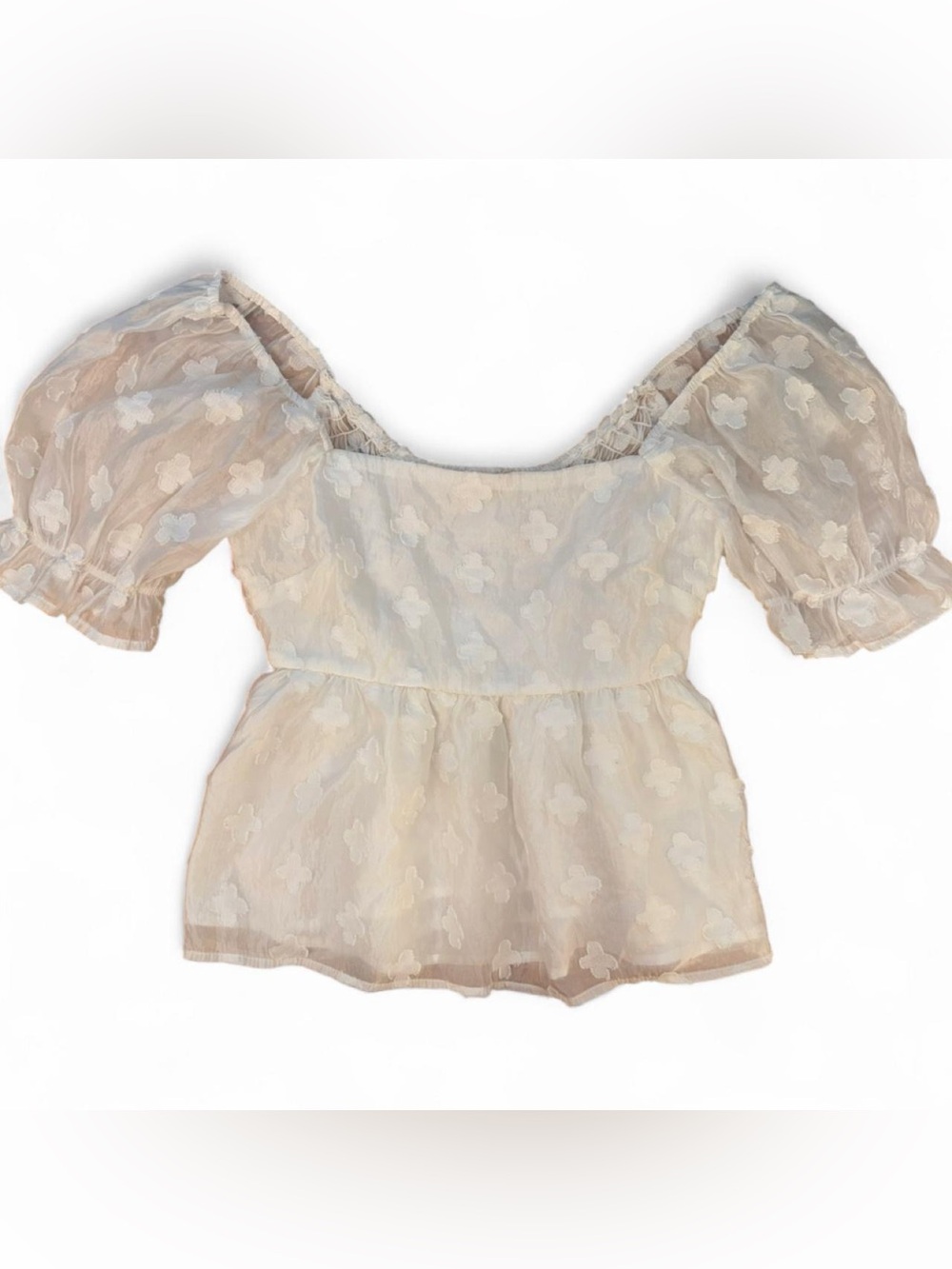 Altar'd State White Peplum Top Size S Puff Sleeve Floral Blouse